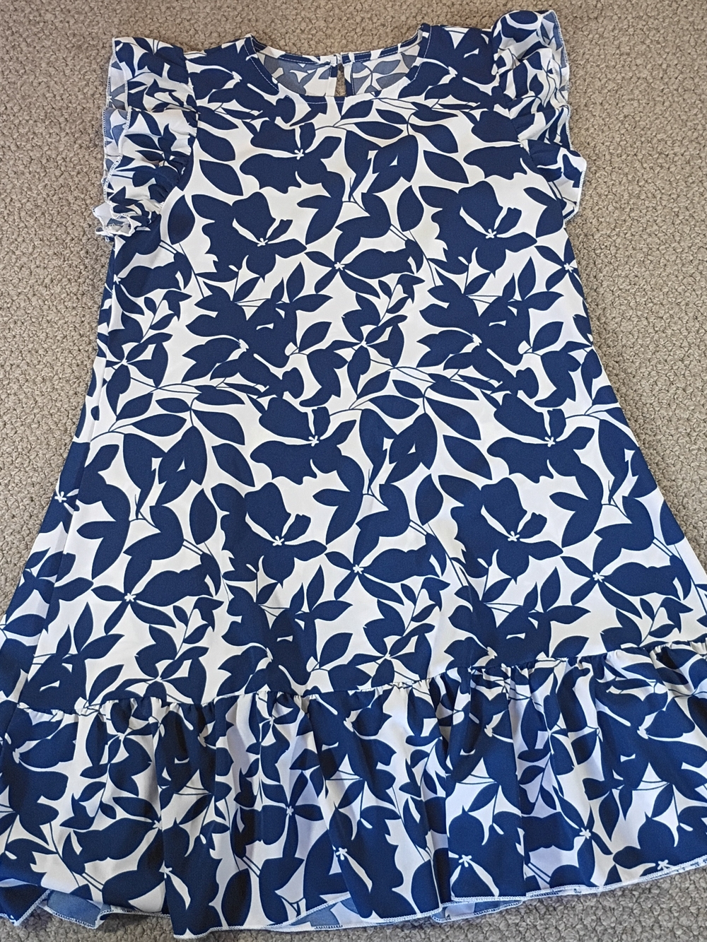 Unbranded Navy and White Floral Midi Dress with Ruffle Hem - Women's S